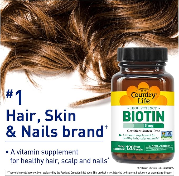 Country Life Biotin High Potency, 5mg, 120 Count, Certified Gluten Free, Certified Vegan, Verified Non GMO