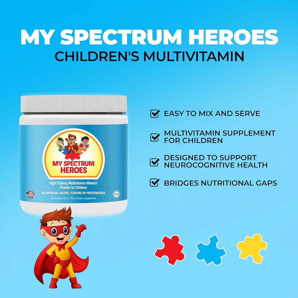 Kids Powder Multivitamin - Powder Supplement, Better Absorption, Non-GMO, Non-Gluten, No Artificial Ingredients - Neural Help for Children on The Spectrum - 30 Servings