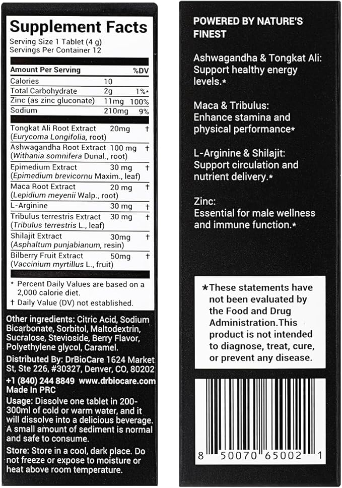 DrBioCare Peak Mode Core Vitality for Men 7-in-1 Effervescent Tablets | Tongkat Ali, Maca & L-Arginine，Ashwagandha, | Boost Stamina, Drive & Blood Flow for Good Performance | Berry Flavor 12 Tablets
