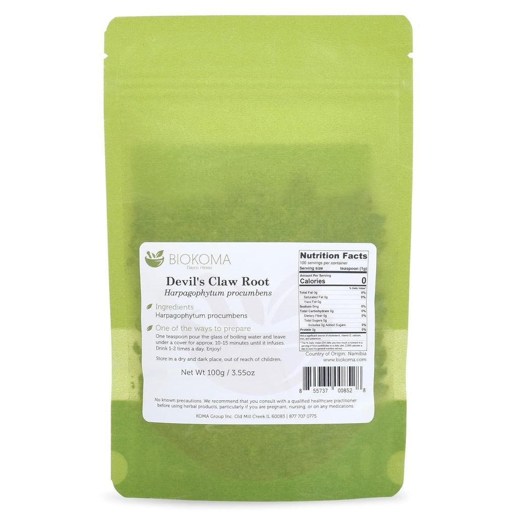 Biokoma Pure and Natural Devil's Claw Root Dried Cut 100g (3.55oz) in Resealable Moisture Proof Pouch - Herbal Tea, No Additives, No Preservatives, Kosher