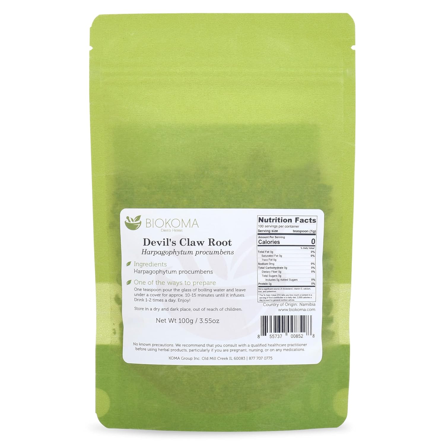 Biokoma Pure and Natural Devil's Claw Root Dried Cut 100g (3.55oz) in Resealable Moisture Proof Pouch - Herbal Tea, No Additives, No Preservatives, Kosher