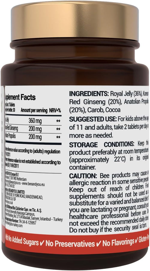 Bee and You Royal Jelly with Ginseng Tablet, Propolis Extract, 60ct, 100% Natural Superfood, Ultra Pure, Immune Support Supplement, Antioxidants, Keto, Paleo, Gluten-Free