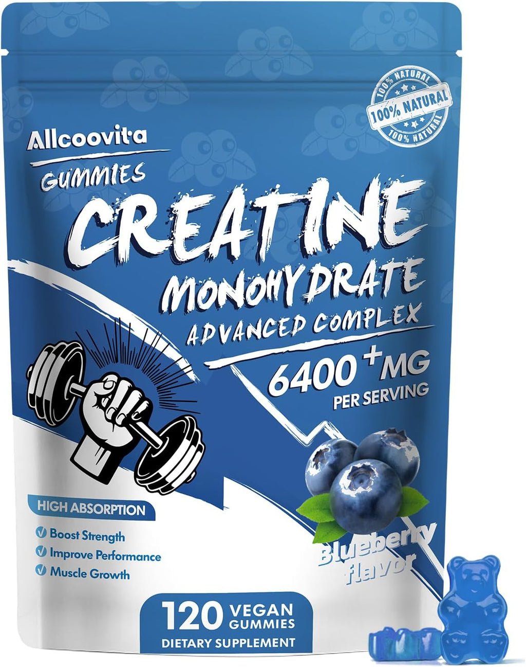Creatine Monohydrate Gummies Complex for Men & Women - 120 Gummies Advanced Formula, L-Taurine + Vitamin B12 for Muscle Strength, Muscle Builder, Energy Boost, Pre-Workout Supplement -Blueberry