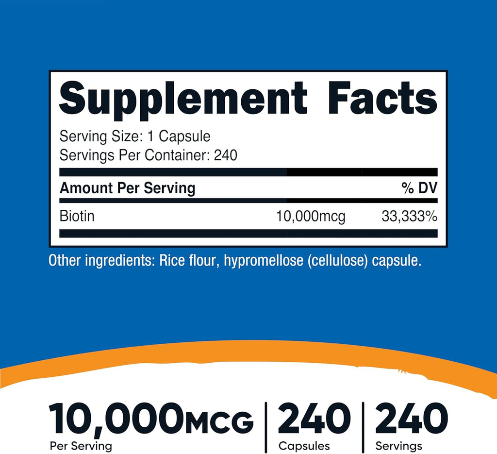 Nutricost Biotin (Vitamin B7) 10,000mcg (10mg) Vitamin Supplement, 240 Capsules - Vegetarian, Gluten Free, Quick Release, Non-GMO (Pack of 2)