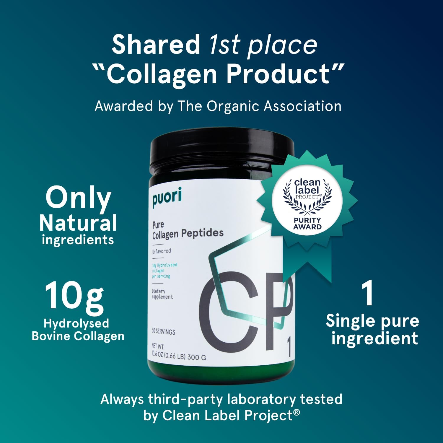 Puori - CP1 Pure Collagen Peptides Powder - Hair, Skin, Nails - Hydrolyzed Protein, Unflavored, 30 Servings