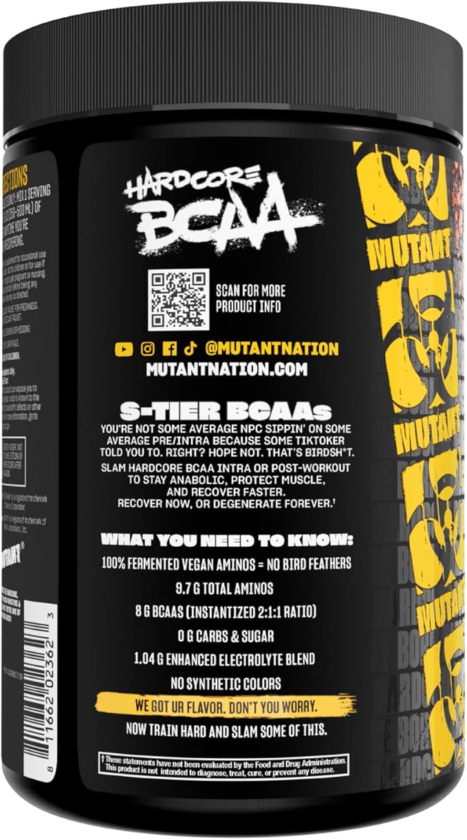 Mutant Hardcore BCAA - Pre, Intra or Post Workout – BCAA Next Level branched-Chain Amino Acids Supplement – Hydration + Recovery - 30 Serving - Lemonade