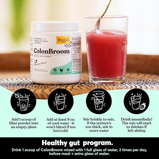 ColonBroom Psyllium Husk Powder (Strawberry) - Colon Cleanse for Bloating Relief & Gut Health - Colon Broom Fiber Powder Drink - Vegan, Gluten Free, Non-GMO Fiber Powder Supplement, 50 Servings