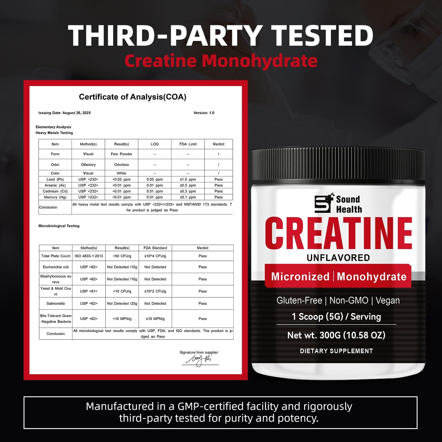 Creatine Monohydrate Powder 5000mg Pure Creatine Powder Monohydrate Micronized 300g (60 Servings) Unflavored Nutritional Supplements for Men & Women Sugar-Free,Vegan, Non-GMO with Scoop