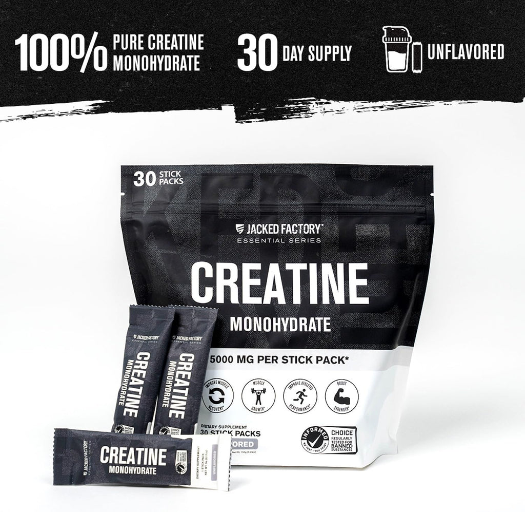 Jacked Factory Creatine Monohydrate Stick Packs 150g - 5g Daily Creatine Supplement for Men and Women, Vegan-Friendly, Third-Party Tested - 30 Servings, Unflavored