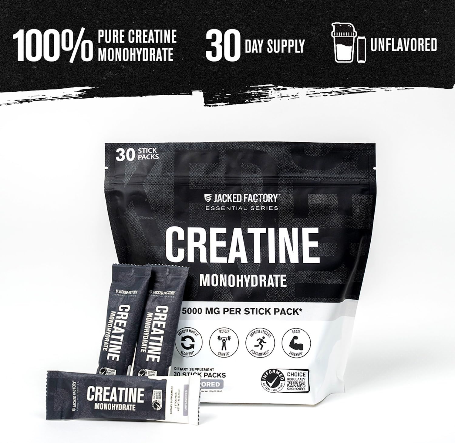 Jacked Factory Creatine Monohydrate Stick Packs 150g - 5g Daily Creatine Supplement for Men and Women, Vegan-Friendly, Third-Party Tested - 30 Servings, Unflavored