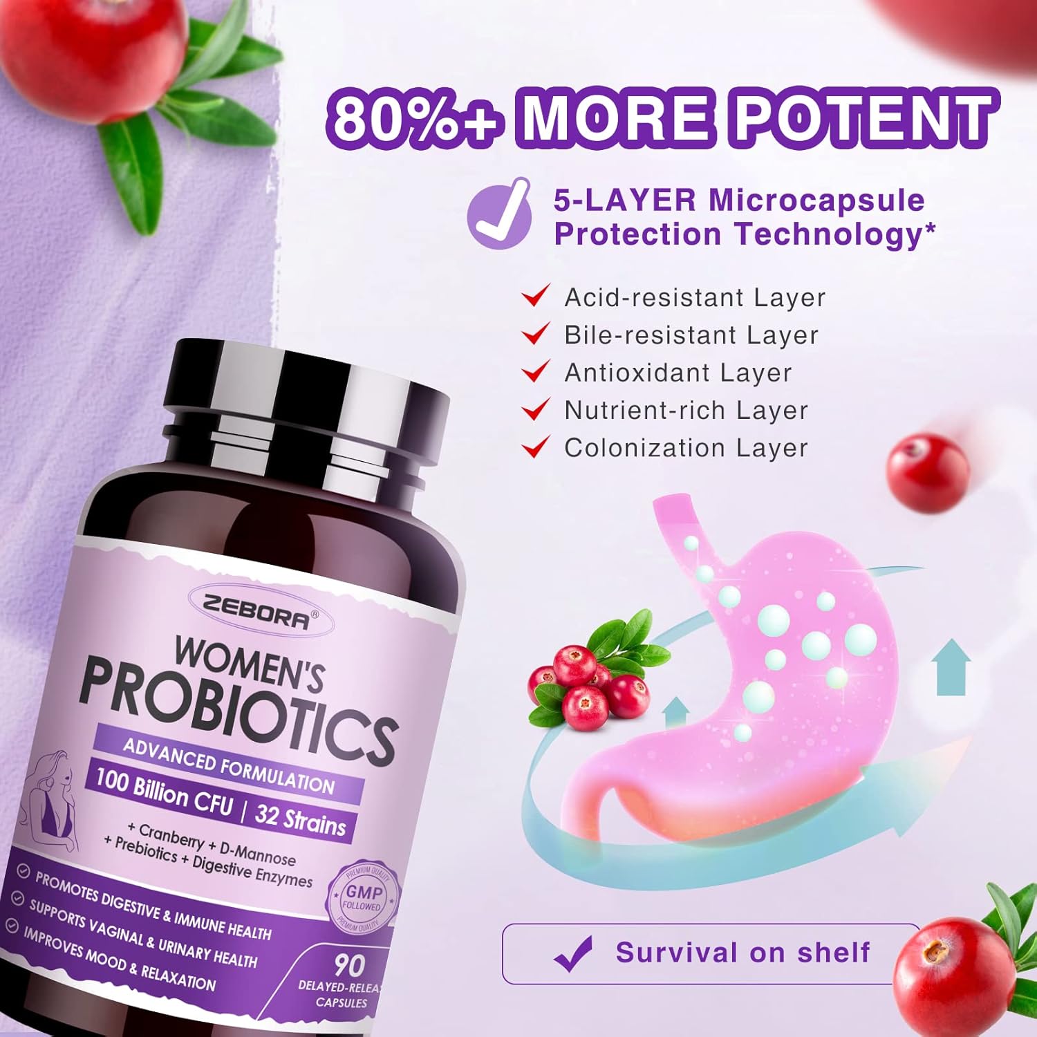 ZEBORA Probiotics for Women Digestive Health with Enzymes & Prebiotics 100 Billion CFUs| Vaginal Probiotics with D Mannose & Cranberry | Urinary Tract Health | Immune Support, 90 Capsules