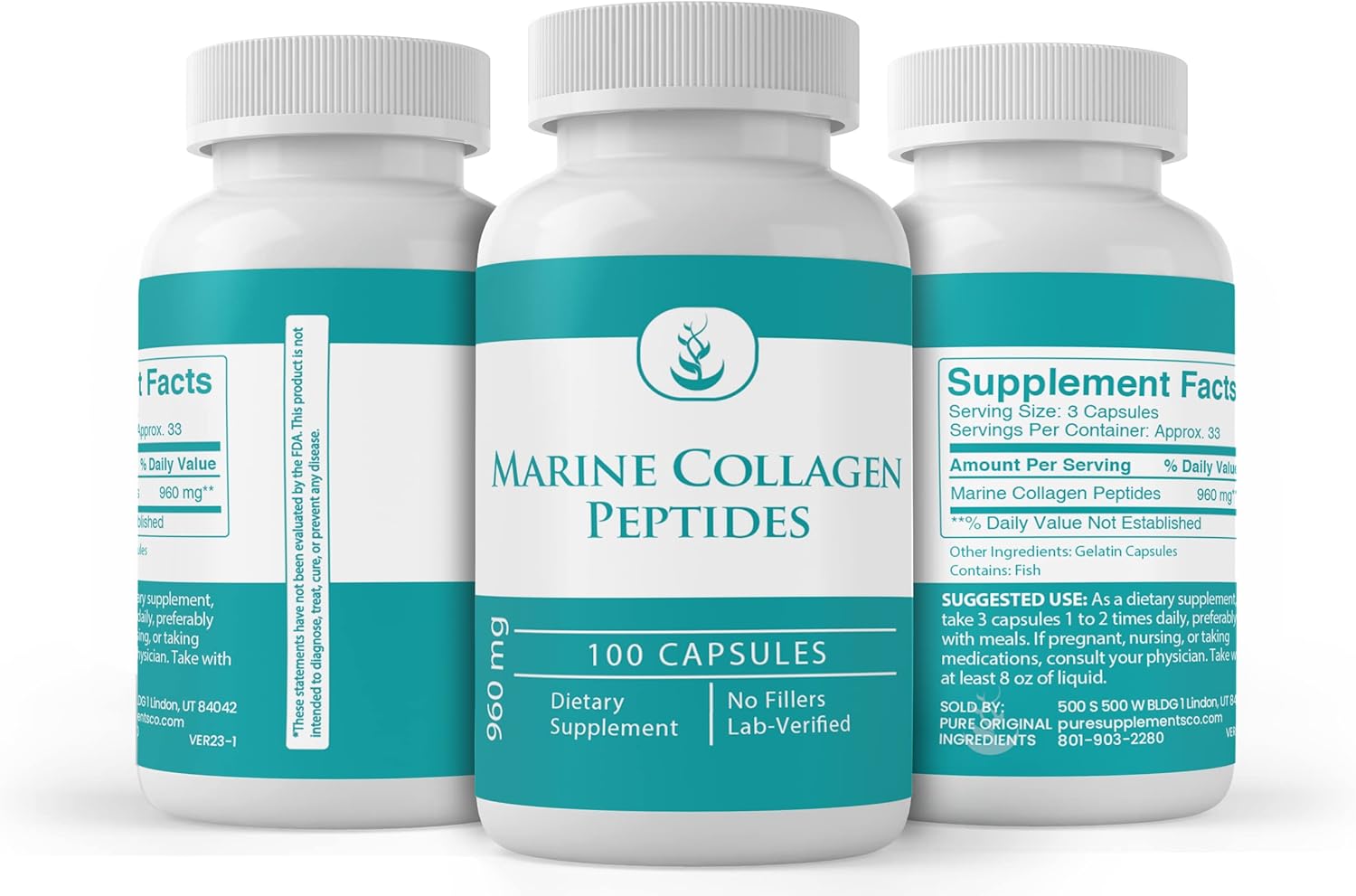 PURE ORIGINAL INGREDIENTS Marine Collagen Peptides, (100 Capsules) Always Pure, No Additives or Fillers, Lab Verified