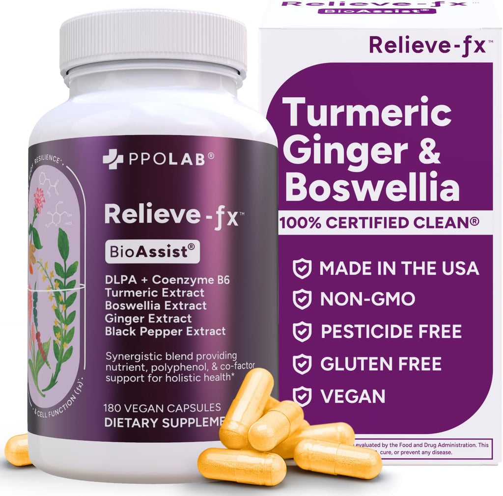 Relieve-fx™ DLPA Boswellia Turmeric and Ginger Supplement for Mood, Detox, Digestion, Inflammation & Joint Support, Gingerols, Boswellic Acid, Curcumin with Black Pepper, Clean Certified® 180 Count