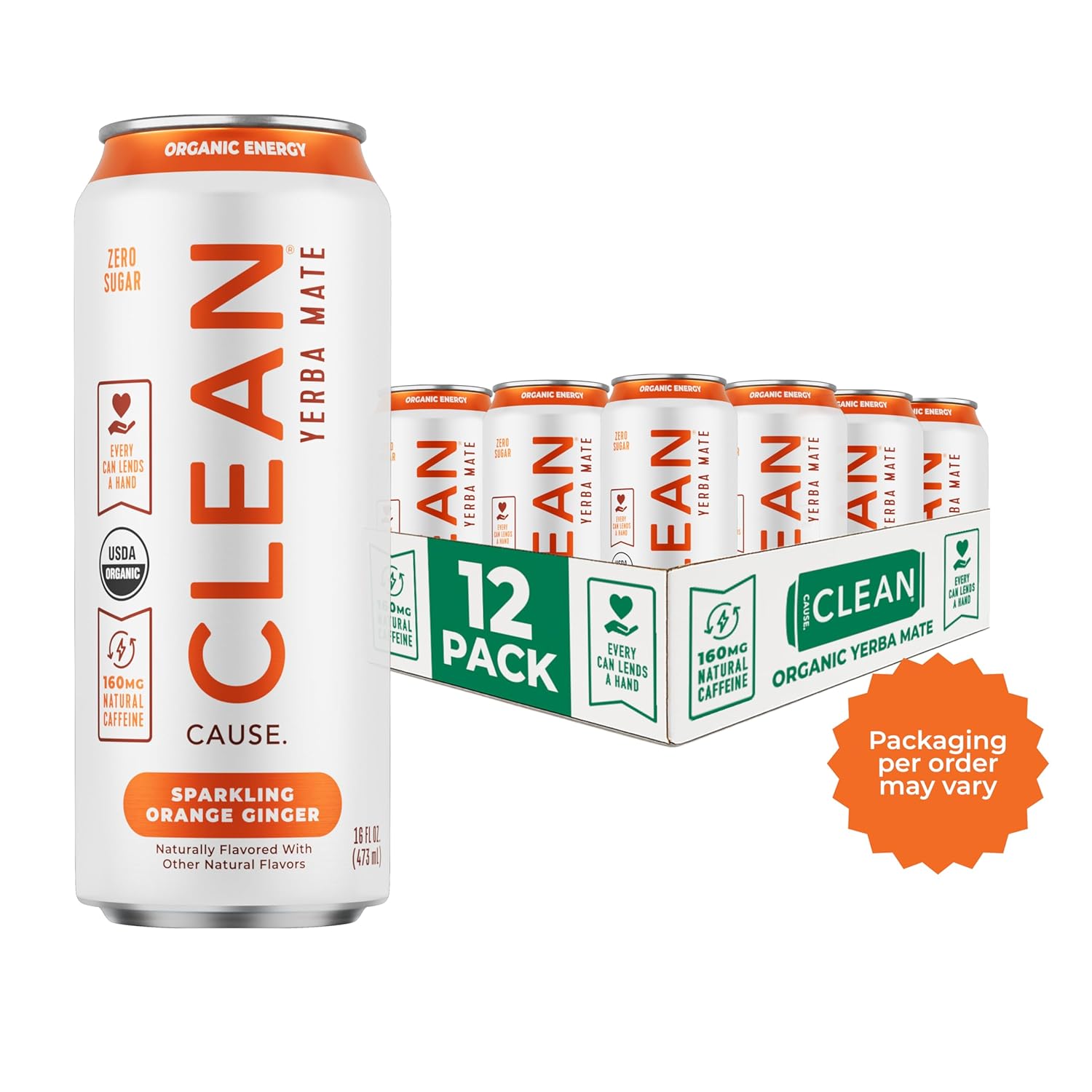 CLEAN Cause Zero Sugar Orange Ginger Yerba Mate Tea Sparkling, USDA Organic Energy Drink Alternative, Zero Calorie, 160mg Natural Caffeine, Soda Alternative, Plant-Based (16oz cans, 12-Pack Case)