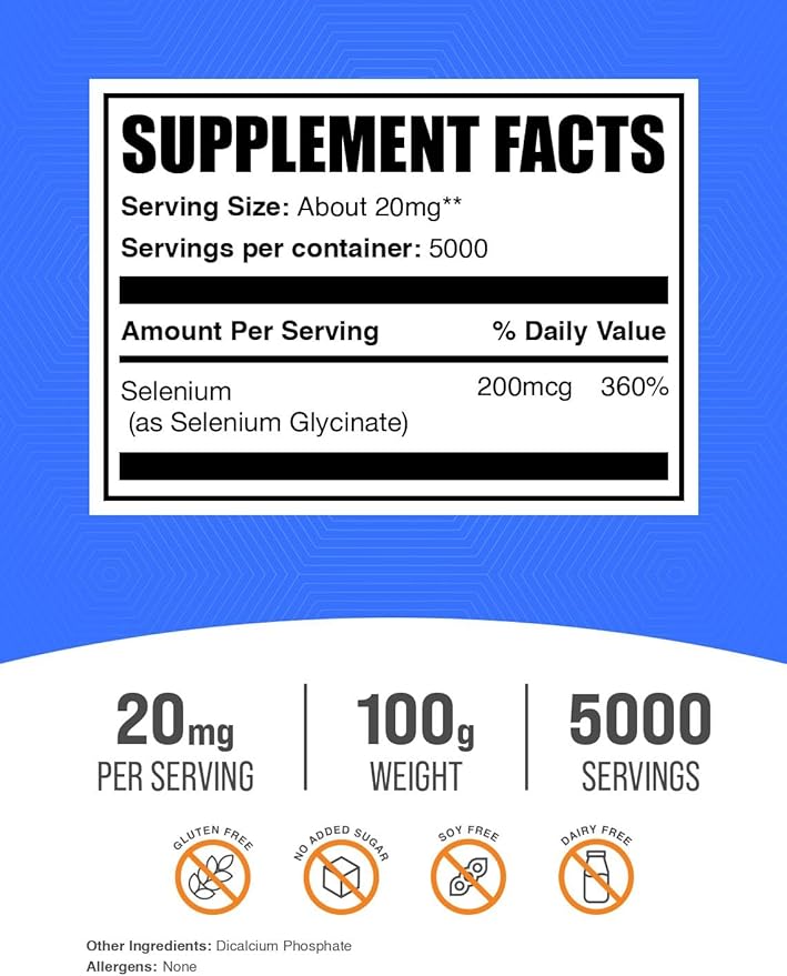 BulkSupplements.com Selenium Glycinate Powder - Selenium 200mcg, Mineral Supplement - Essential Trace Mineral & Gluten Free, 20mg per Serving, 100g (3.5 oz) (Pack of 1)