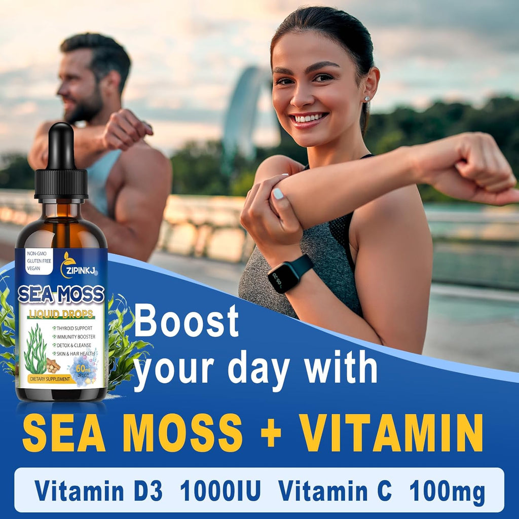 Sea Moss Drops, Irish Liquid Sea Moss Gel Supplement with Black Seed Oil, Shilajit, Elderberry, Burdock Root, Spirulina, Bladderwrack for Digestion Health, Non-GMO, 2 Fl Oz