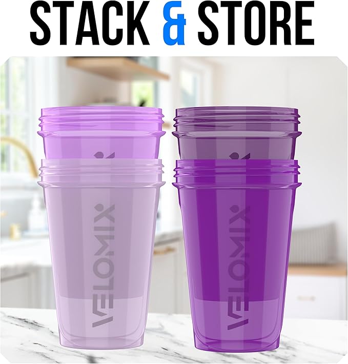 VELOMIX -4 PACK- 20 OZ Protein Shaker Bottles for Protein Mixes, Shaker Cups for Protein Shakes, Small Shaker Bottle Pack, Shaker Cup, Shakers for protein Shakes (Purple Bloom)