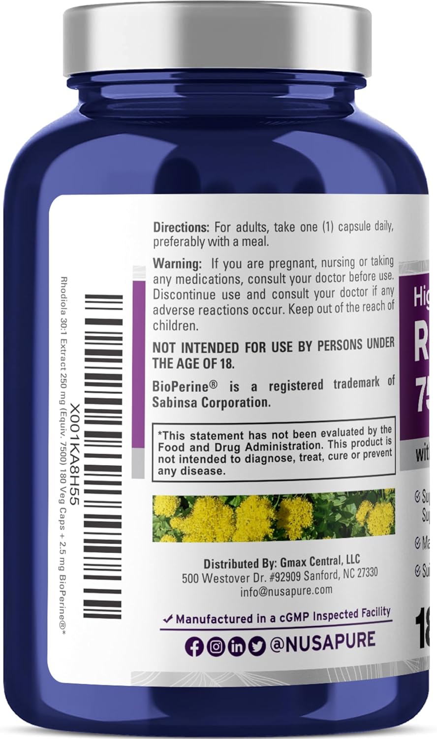 NusaPure Rhodiola Rosea 7,500mg 180 Veggie Capsules (Non-GMO, Extract 30:1, Vegan & Gluten-Free) Bioperine