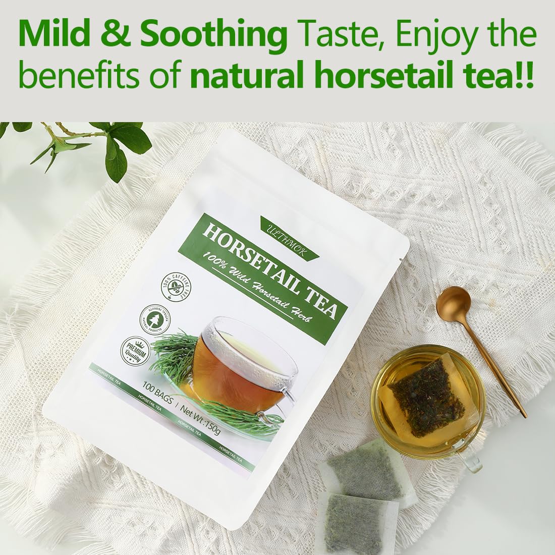Premium 100 Horsetail Tea Bags, Made with 100% Wild Natural Horse Tail Herb, For Hair & Nail, No Additives & Caffeine Free-Cola De Caballo Hierba.