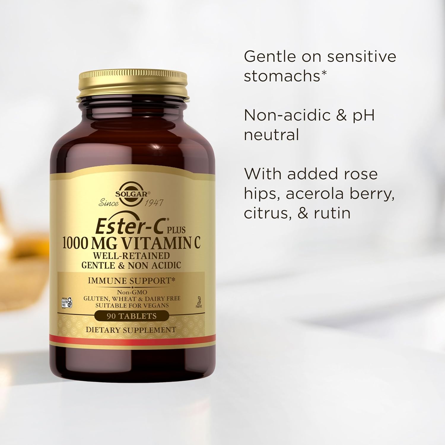 Solgar Ester-C Plus 1000 mg Vitamin C (Ascorbate Complex), 90 Tablets - Gentle On The Stomach & Non Acidic - Antioxidant & Immune System Support - Non GMO, Vegan, Gluten-Free, Kosher - 90 Servings