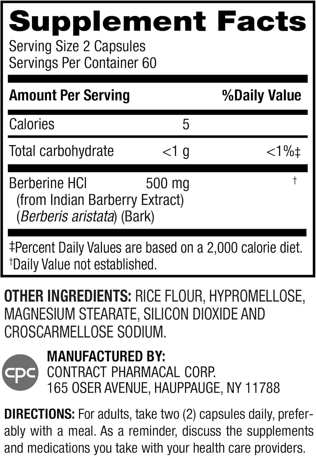 Earth's Splendor Berberine 500mg Capsules, Supports Metabolism (120ct Bottle, 2 Month Supply) Non-GMO, Vegan-Friendly