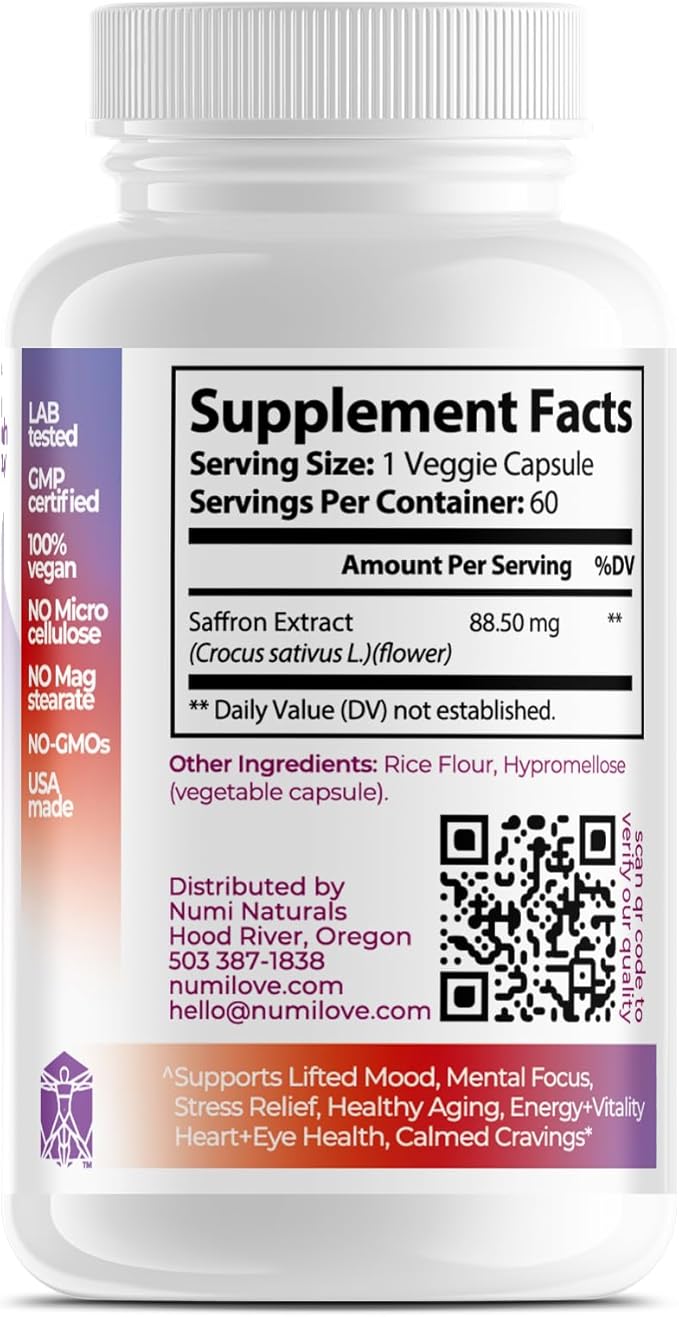 Saffron Extract 88.5mg - Real Saffron Proof (Scan QR for Lab Results) - Dopamine Serotonin Mood Support for Women - Only 3 Clean Ingredients - 60 Day Supply - Vegan USA Made
