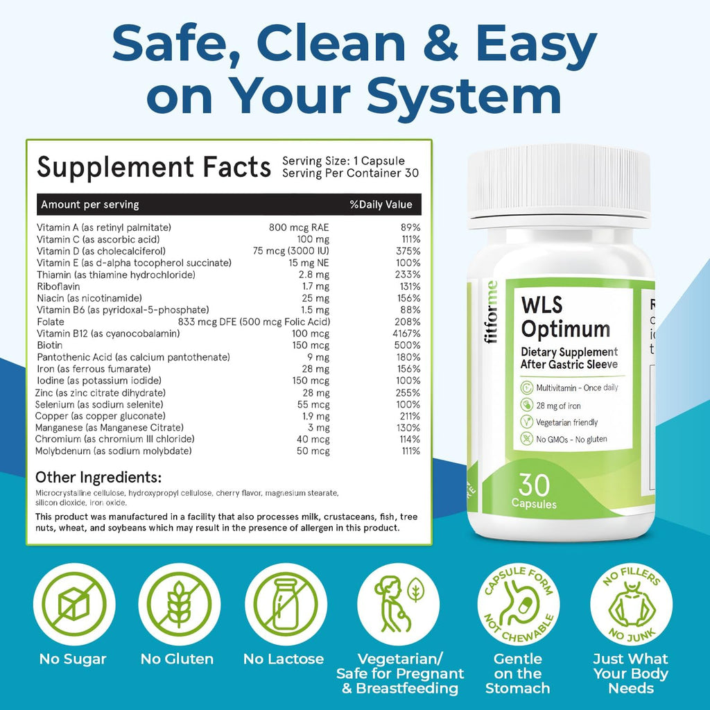 FitForMe Bariatric Multivitamins with Iron After Gastric Sleeve - One a Day WLS Optimum Capsule - 90 Days Supply of Vitamins & Minerals, Scientifically Proven