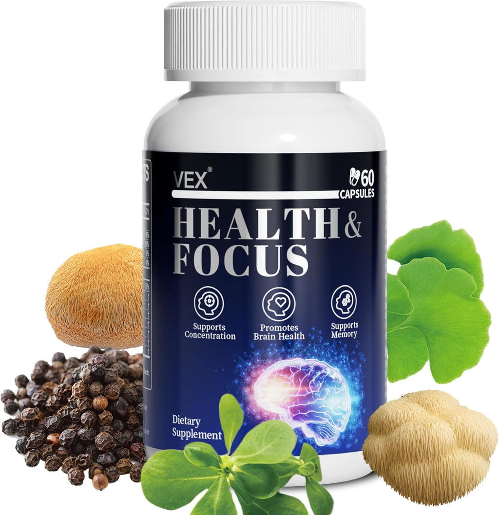 VEX Brain Supplements for Memory and Focus. Contain Vitamin B12, folic Acid, acetylcysteine, Purslane, Lion's Mane Mushroom, and Ginkgo biloba extracts—for Brain Health. 60 Capsules.