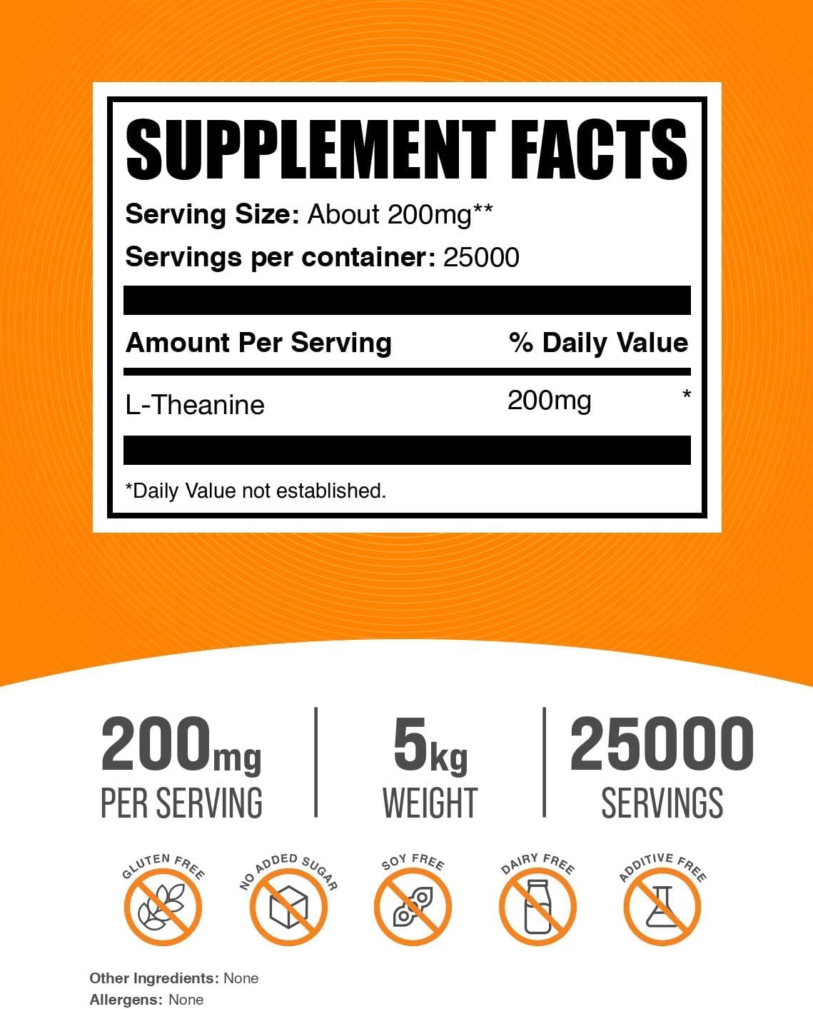 BulkSupplements.com L-Theanine Powder - L-Theanine Supplement, L-Theanine 200mg - Amino Amino Supplement, Pure & Gluten Free, 200mg per Serving, 5kg (11 lbs) (Pack of 5)
