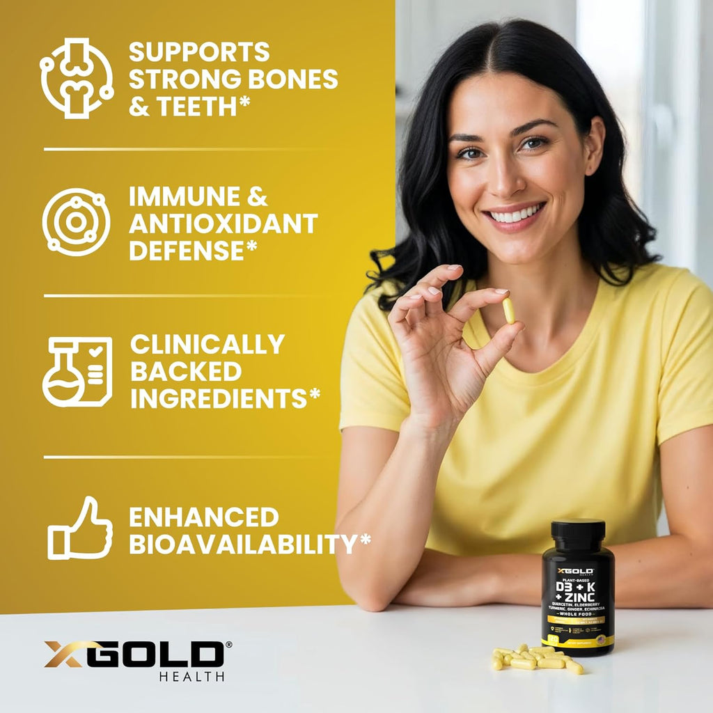 Vitamin D, K2, K1, Zinc, Quercetin, Elderberry, Turmeric, Ginger & Echinacea Whole Food Supplement 8 in 1- D3 5000 IU Plant-Based from Lichen, Vitamin K (K2 MK7, MK4, K1), D3 K2 Vitamins -120 Capsules