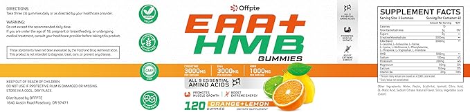 EAA Gummies for Men Women, 120 Ct Essential Aminos Acids (EAA)Supplements and All Branched-Chain Aminos (BCAAs)with HMB,Creatine Monohydrate,Electrolytes for Muscle Relief & Growth,Orange-Lemon