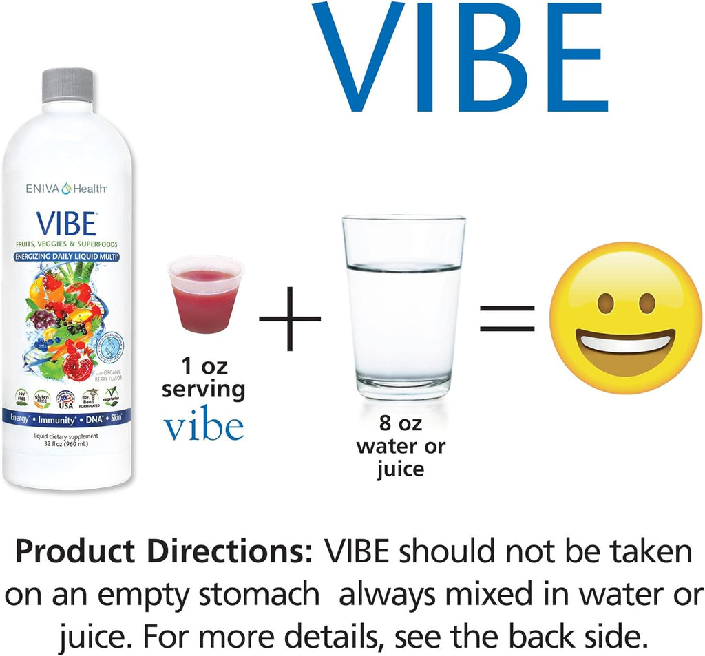 Eniva Health Vibe Liquid Multivitamins Mineral Supplements with Vitamins A, B12, C, D, E & Amino Acids | Fruits and Veggies Daily Supplement for Women & Men | Doctor Formulated | USA Made | 32 oz