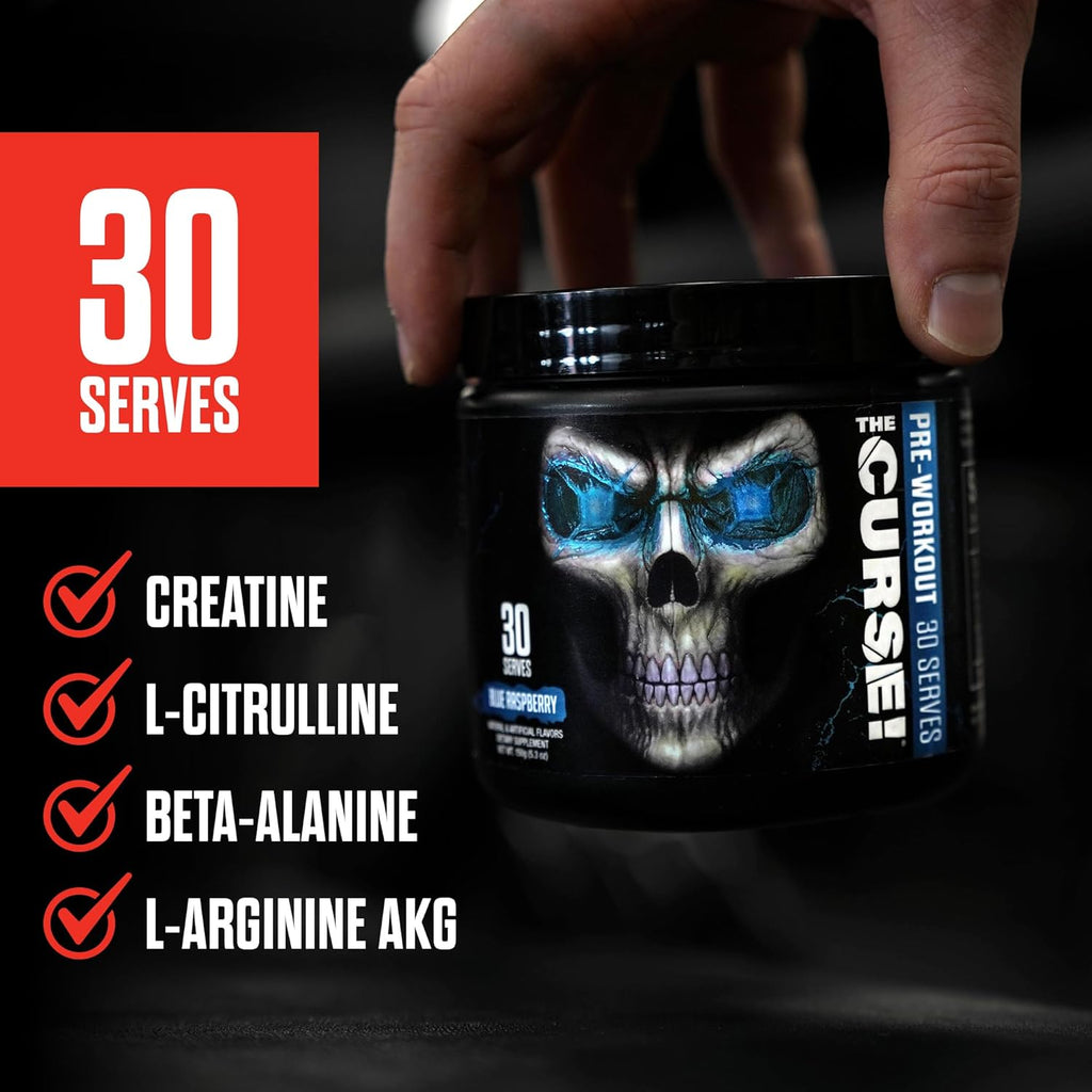 JNX SPORTS The Curse! Pre Workout Powder for Men & Women, Caffeine, Beta-Alanine, Creatine, L-Citrulline, 30 Servings, Blue Raspberry Flavor – Boost Energy, Strength & Focus