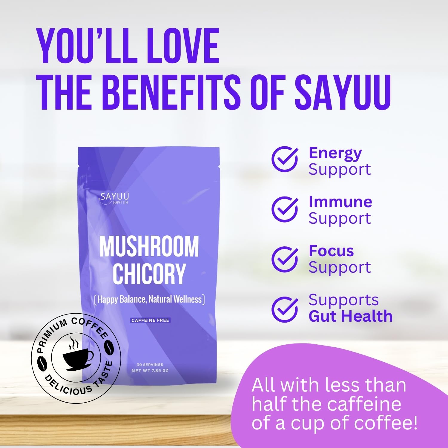SAYUU Mushroom Chicory Blend – Caffeine-Free Coffee Alternative with Lion's Mane, Reishi, Turkey Tail – Supports Digestion, Focus & Immunity – Vegan & Eco-Friendly, 30 Servings
