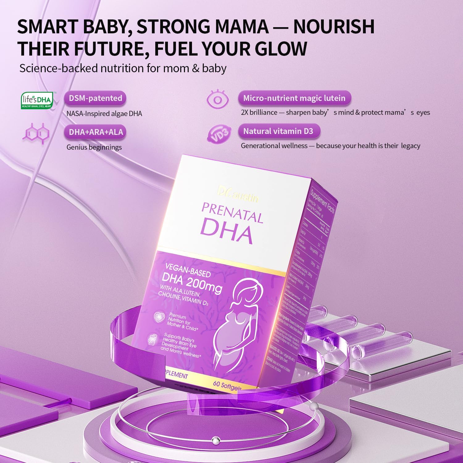 DR.AUSTIN Prenatal DHA Supplement – Triple A Brain & Vision Support with Algae Oil DHA, ARA, ALA, Lutein – Clinically Proven for Baby Development & Mom’s Wellness (Non-GMO, Pure Algae Oil)