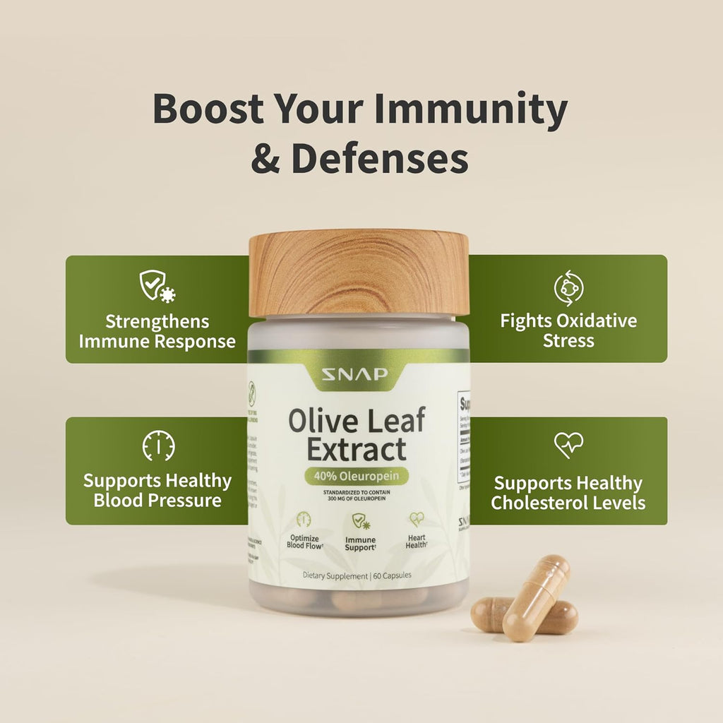 Snap Supplements Olive Leaf Extract Capsules - Super Strength 40% Oleuropein for Blood Flow Support, Improve Digestion, Antioxidant Boost Supplement, Improve Brain Function (60 Capsules)
