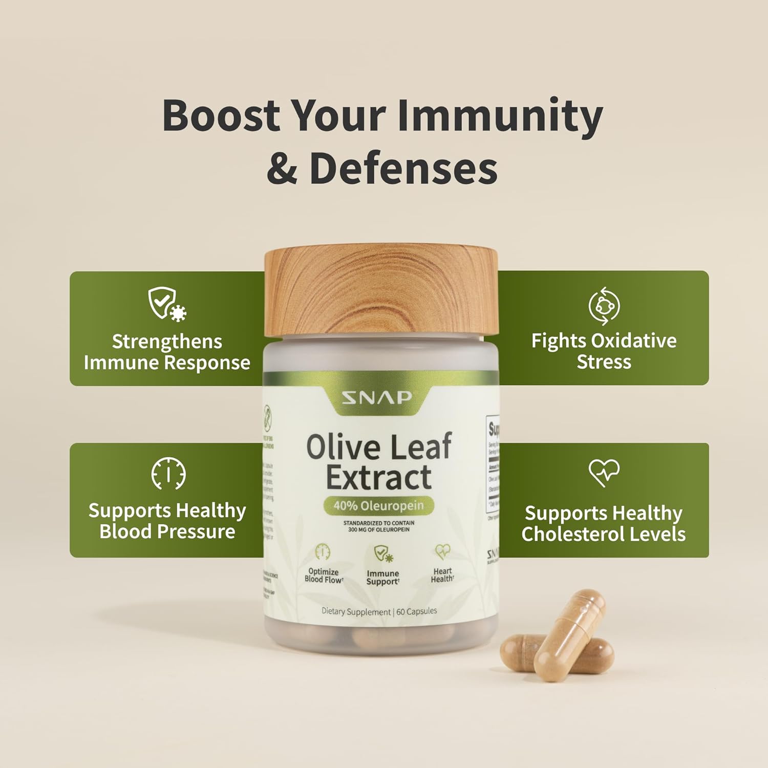 Snap Supplements Olive Leaf Extract Capsules - Super Strength 40% Oleuropein for Blood Flow Support, Improve Digestion, Antioxidant Boost Supplement, Improve Brain Function (60 Capsules)