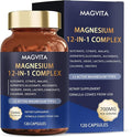 Magvita Magnesium 12 in 1 Complex 700mg Magnesium Supplement with Glycinate Citrate Malate Oxide Taurate & More Relaxation,Muscle,Heart Support, Vegan 120 Capsules