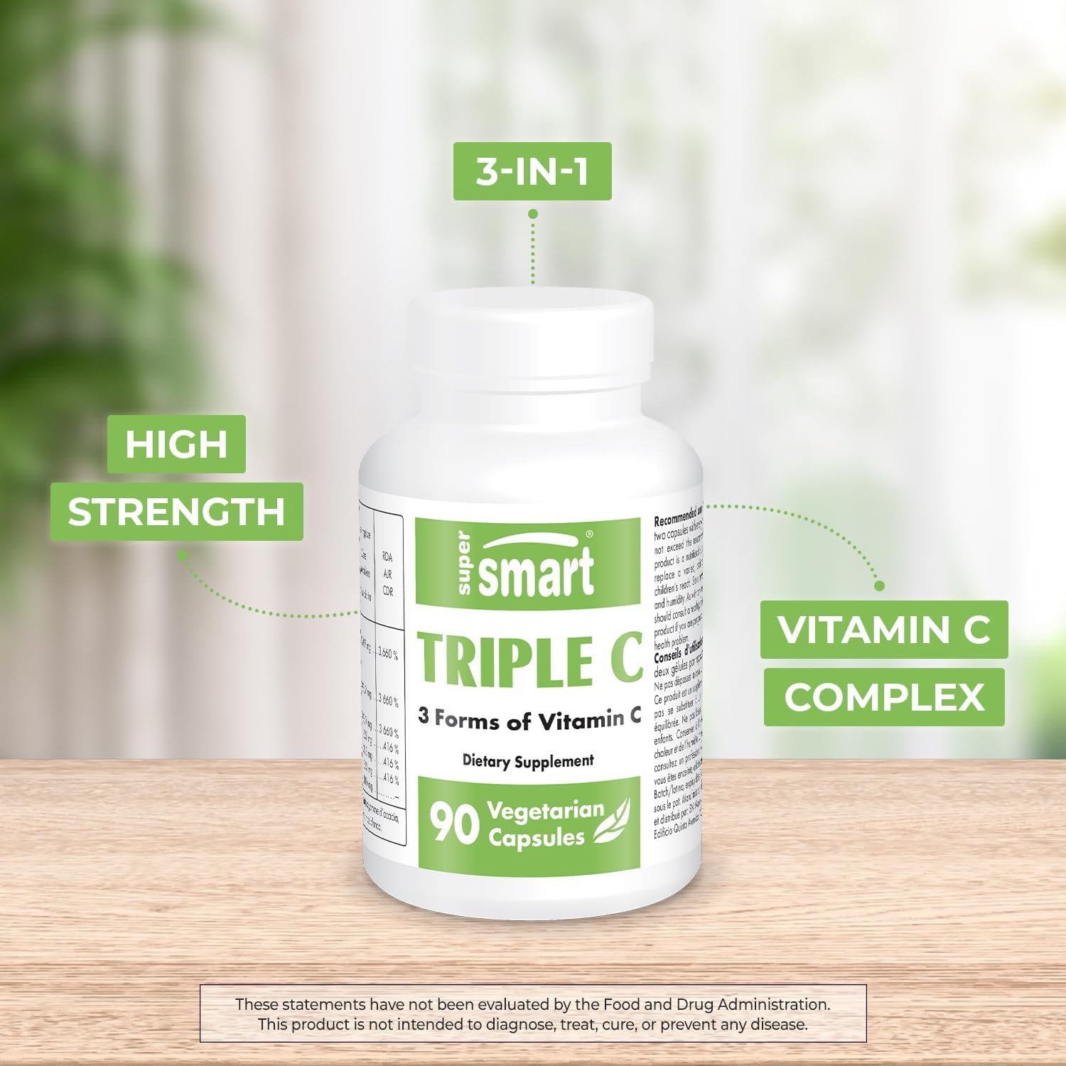 Supersmart - Triple C (High Strength) - 3-in-1 Complex - Vitamin C Supplement - Enhanced with Flavonoids | Non-GMO & Gluten Free - 90 Vegetarian Capsules