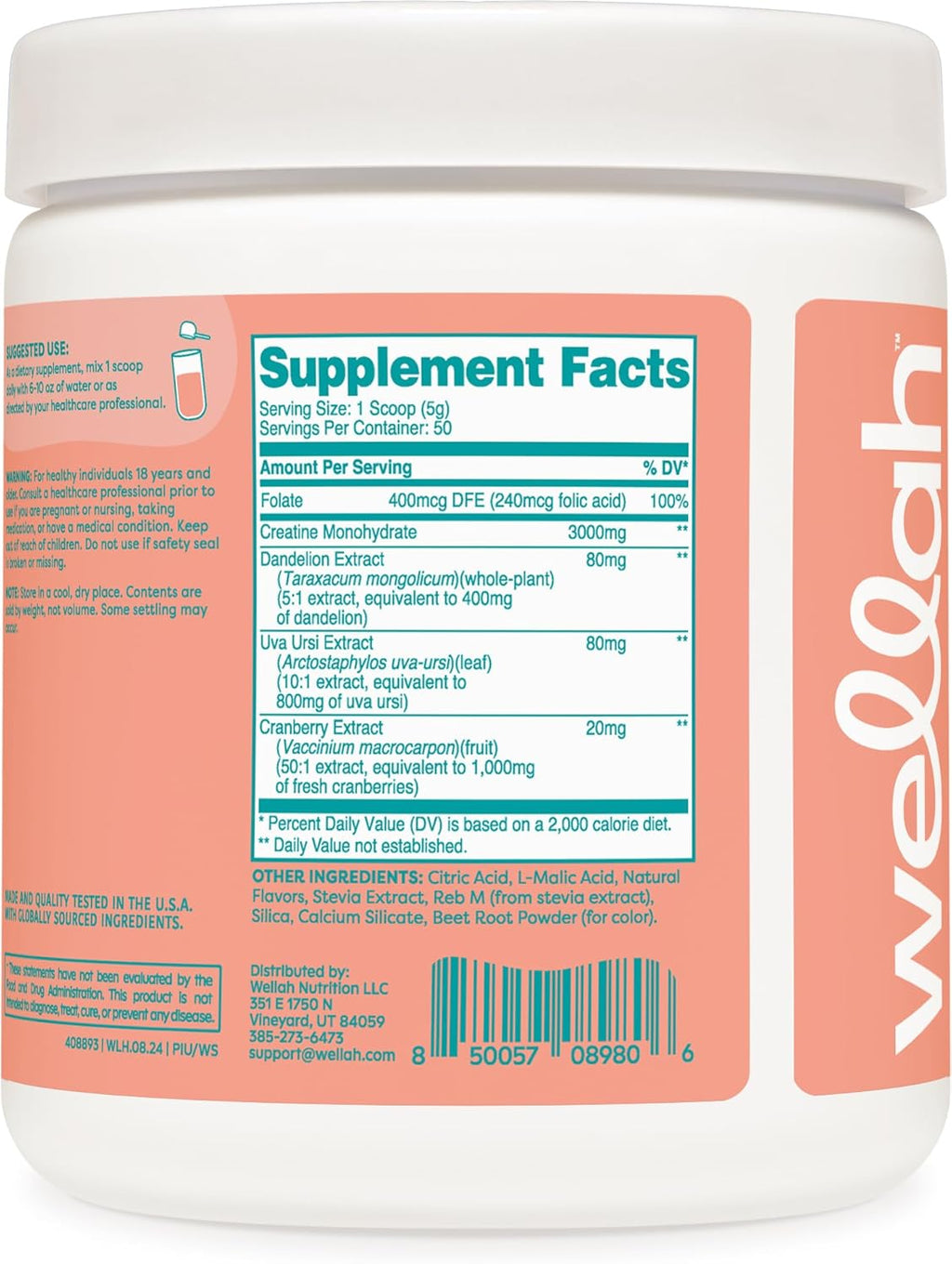 Wellah Creatine for Women - Creatine Monohydrate with Dandelion & Cranberry Extract (50 Servings, Watermelon Slush)