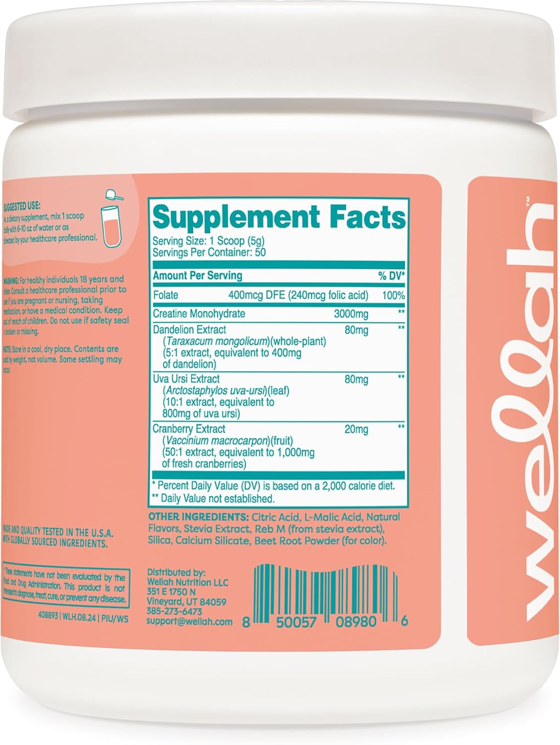 Wellah Creatine for Women - Creatine Monohydrate with Dandelion & Cranberry Extract (50 Servings, Watermelon Slush)