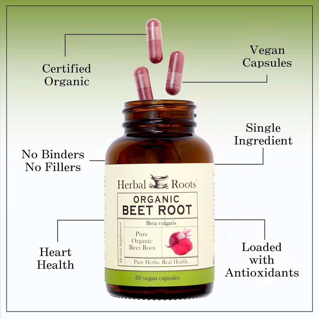 Herbal Roots Organic Beet Root Powder Capsules - 1,500mg per Serving - Certified USDA Organic - Non-GMO - 60 Count Vegan Capsules