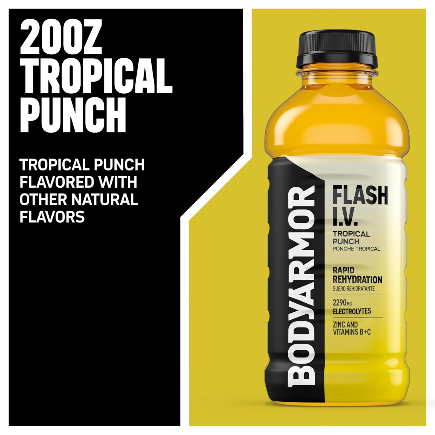 BODYARMOR Flash I.V. Electrolyte Beverage, Tropical Punch, Hydration Drink with Coconut Water For Rapid Rehydration, Post Workout Recovery, 20 Fl Oz (Pack of 12)