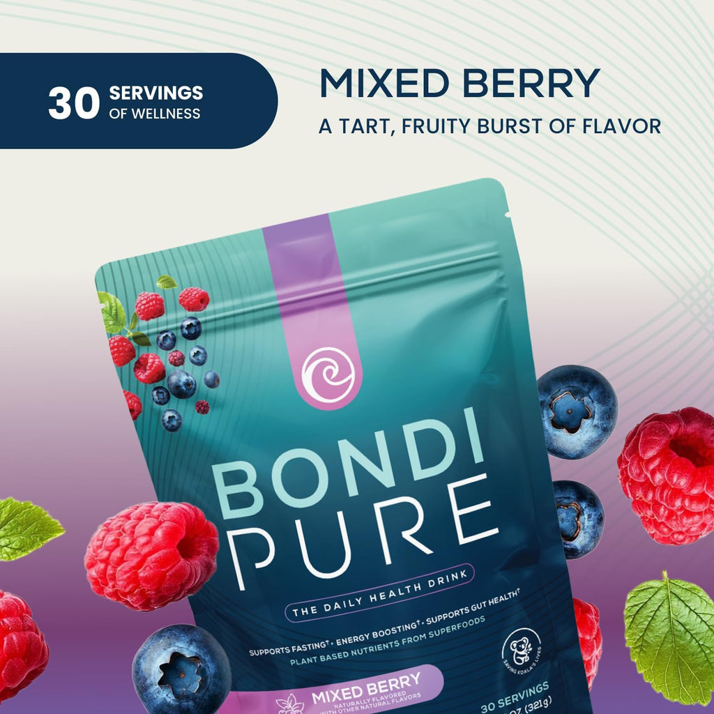 Bondi Pure - Daily Health & Detox Drink - Promote Gut Health & Energy Support During a Cleanse or Intermittent Fasting - Plant-Based Fibers, Alkalizing Super Greens - Berry, 11.7oz (30 Servings)
