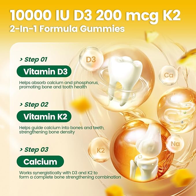 Vitamin D3 K2 Gummies, D3 10000 IU & MK7-200 mcg, 2 in 1 Vitamins D & K Complex | Vitamina D3 con K2 | Supports Calcium Absorption, Bone, Immune, & Heart Health, Easy to Carry and use (60 Gummies)