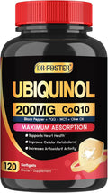 DRFOSTER Coq10 Ubiquinol 200mg, Coq10 200mg softgels, Max Absorption Ubiquinol with Vitamin E & PQQ & Black Pepper, Powerful Antioxidant, 120 Softgels
