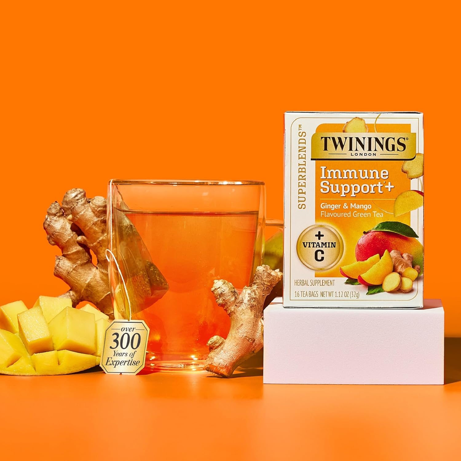 Twinings Superblends Immune Support+ Herbal Tea with Vitamin C, Ginger & Mango Flavoured Green Tea, 16 Tea Bags (Pack of 6), Naturally Caffeine-Free, Enjoy Hot or Iced, 96 Teabags