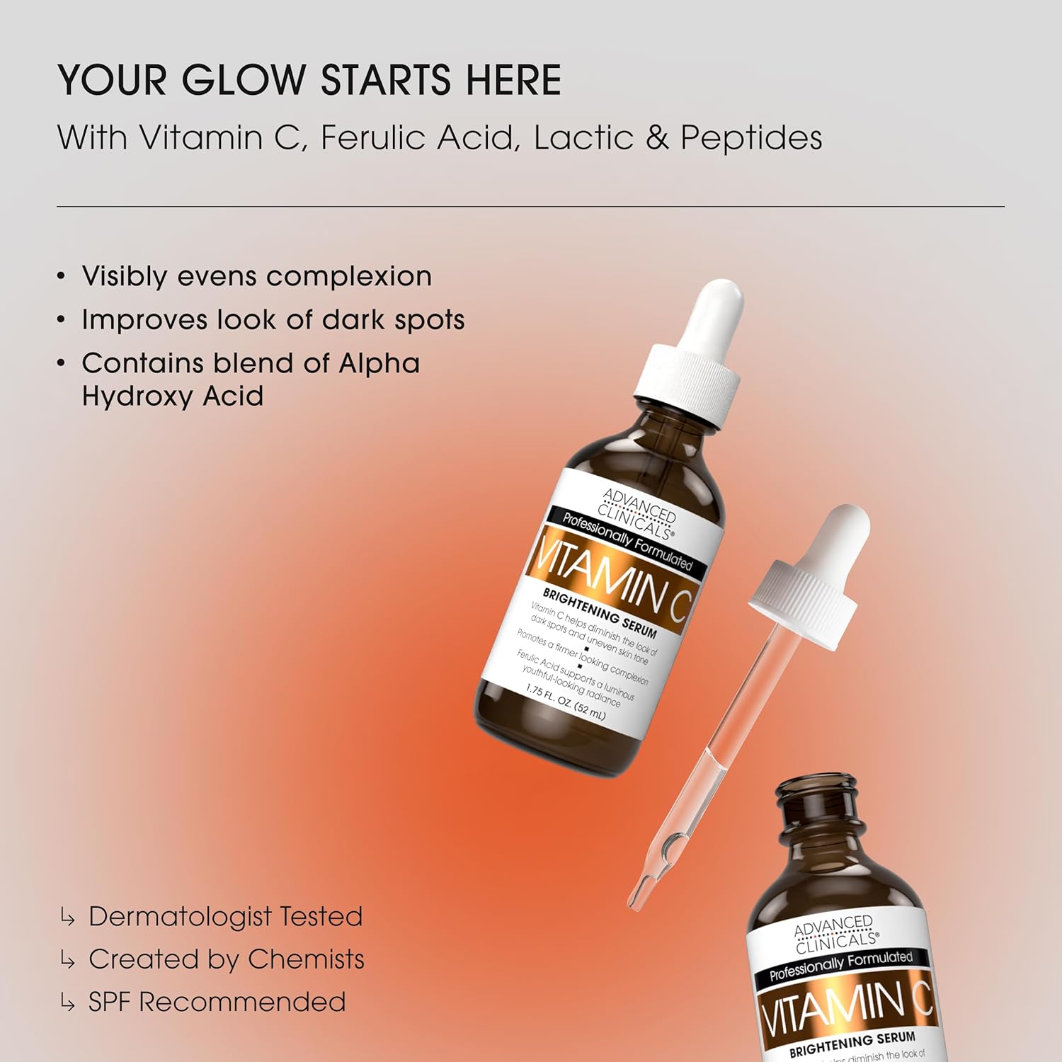 Advanced Clinicals Brightening Vitamin C Serum For Face With Glycolic Acid + Lactic Acid | Vitamin C Eye Serum Face Moisturizer For Improving Look Of Dark Spots & Uneven Complexion, 1.75 Fl Oz