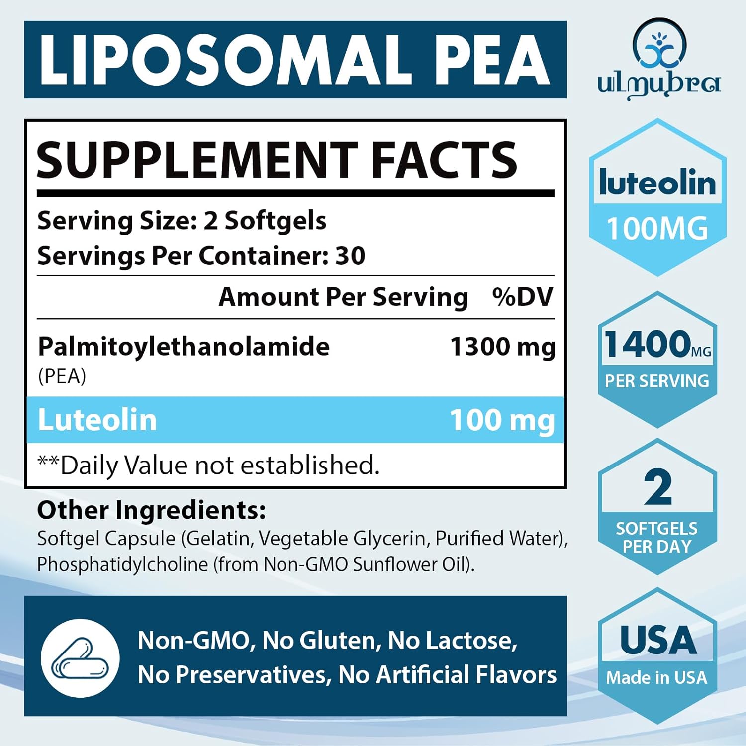 Liposomal Palmitoylethanolamide 1300 MG Plus Luteolin 100 MG, Superior Absorption, Micronized Pea Supplement for Discomfort Management, 60 Softgels
