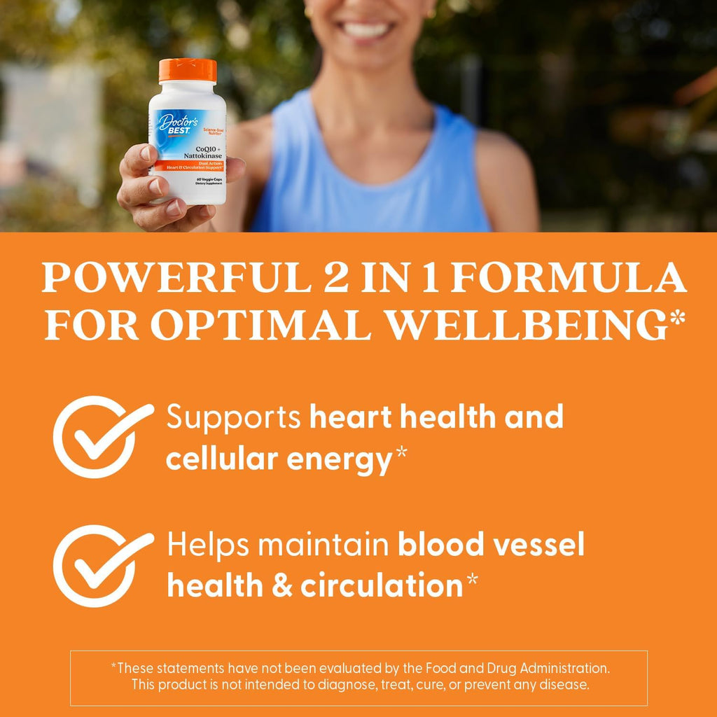 Doctor’s Best CoQ10 100 mg + Nattokinase 2,000FU, Supports Heart & Circulation Support, Non-GMO, Gluten Free, Vegan, 60 Veggie Caps